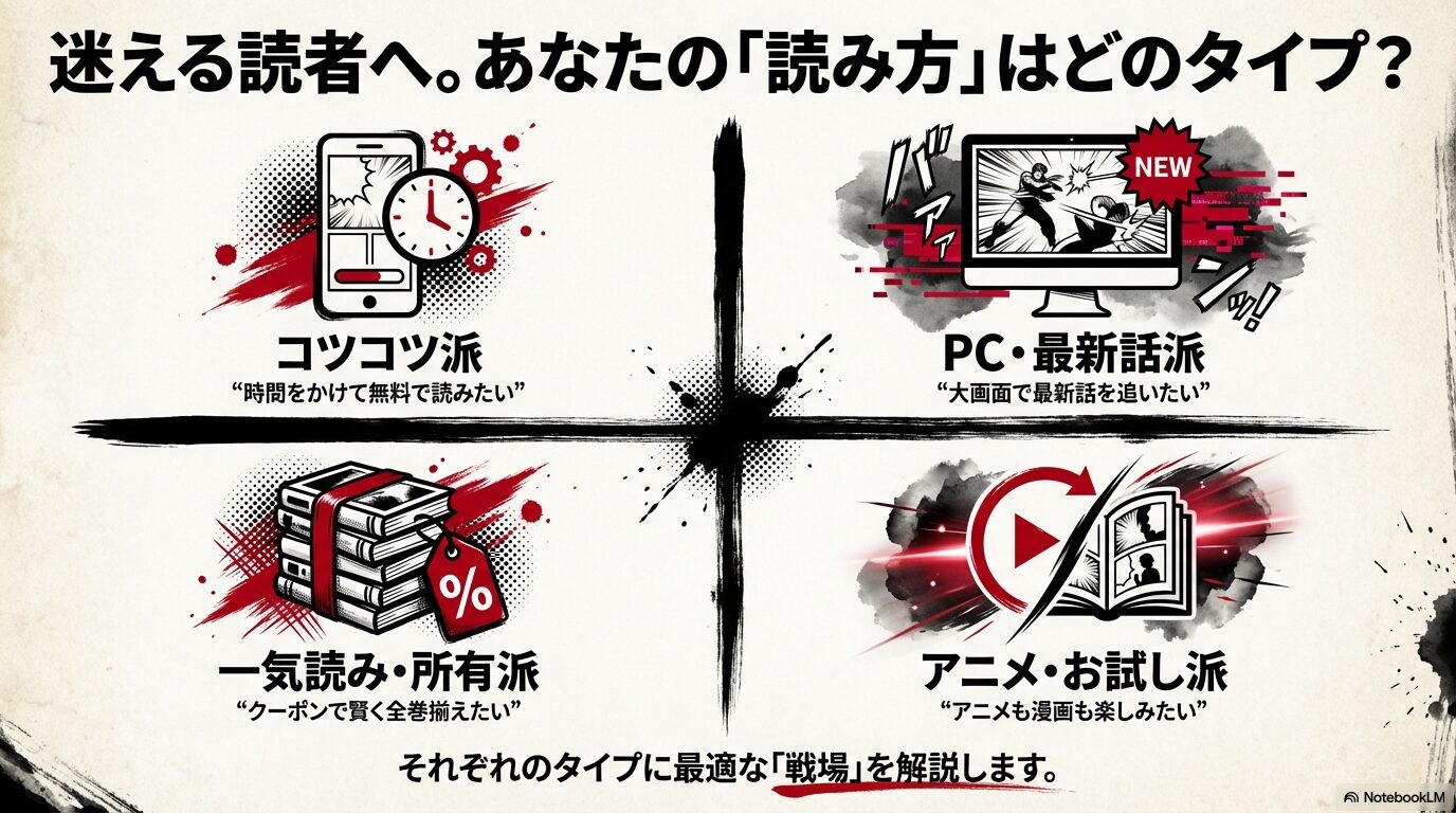 読者のタイプに合わせて「コツコツ派」「PC・最新話派」「一気読み・所有派」「アニメ・お試し派」の4つの最適な読み方を提案するスライド。