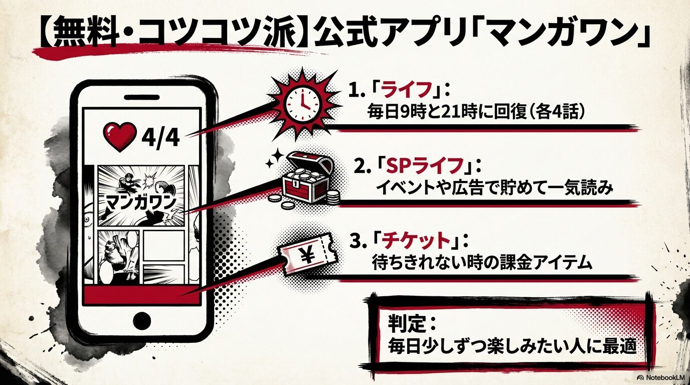 マンガワンの「ライフ」「SPライフ」「チケット」の仕組みを解説。毎日無料で読み進めたい人に最適であることを示す図解。
