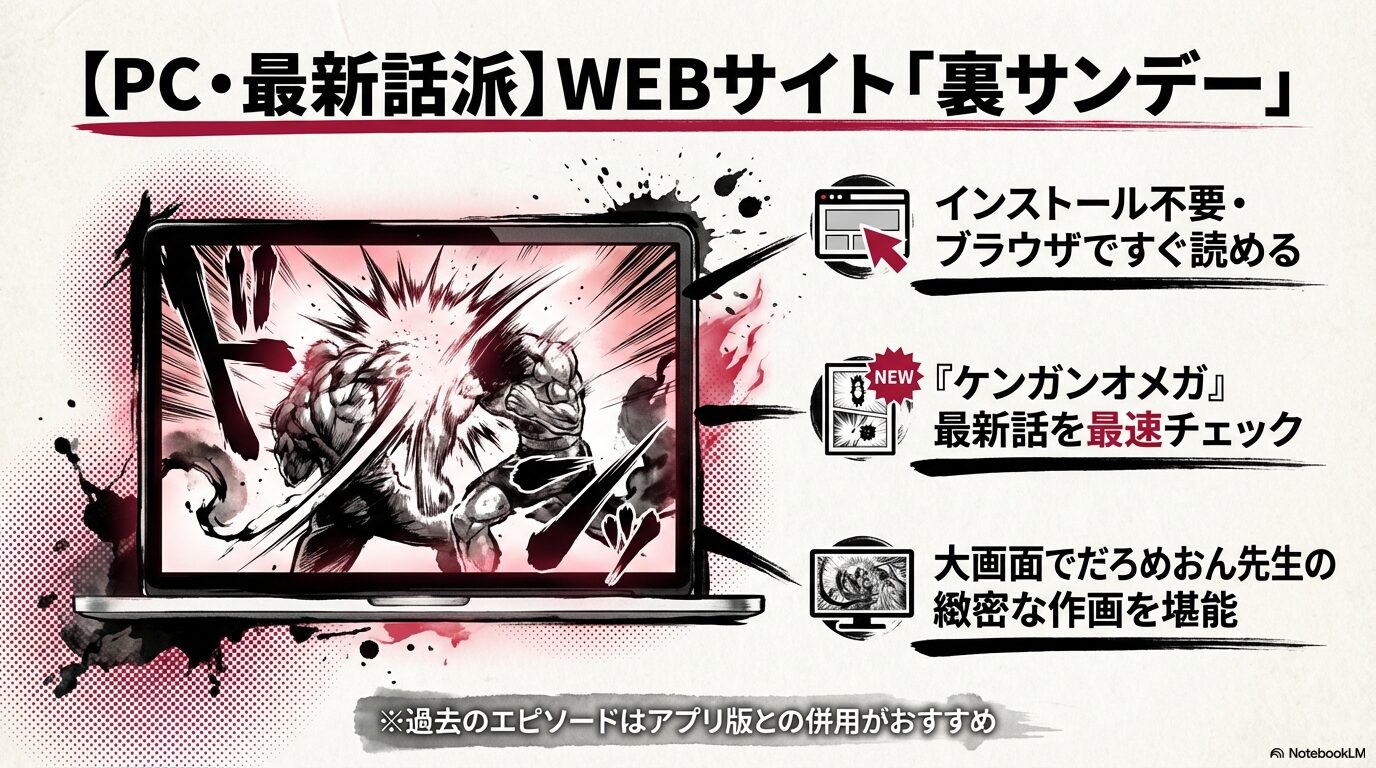裏サンデーはインストール不要でブラウザですぐ読めること、最新話を最速チェックできること、大画面で緻密な作画を楽しめることを紹介するスライド。