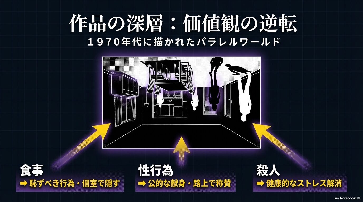 「気楽に殺ろうよ」の舞台となる、食事が恥ずべき行為で、性行為や殺人が公に肯定される逆転世界の構造を図解したスライド。