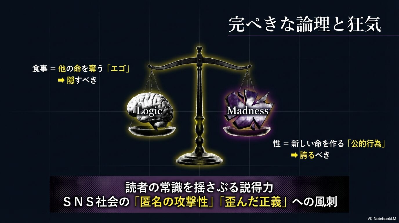 食事は「エゴ」、性は「公的行為」とする作中の論理と、SNS社会の匿名性や歪んだ正義への風刺を解説したスライド。