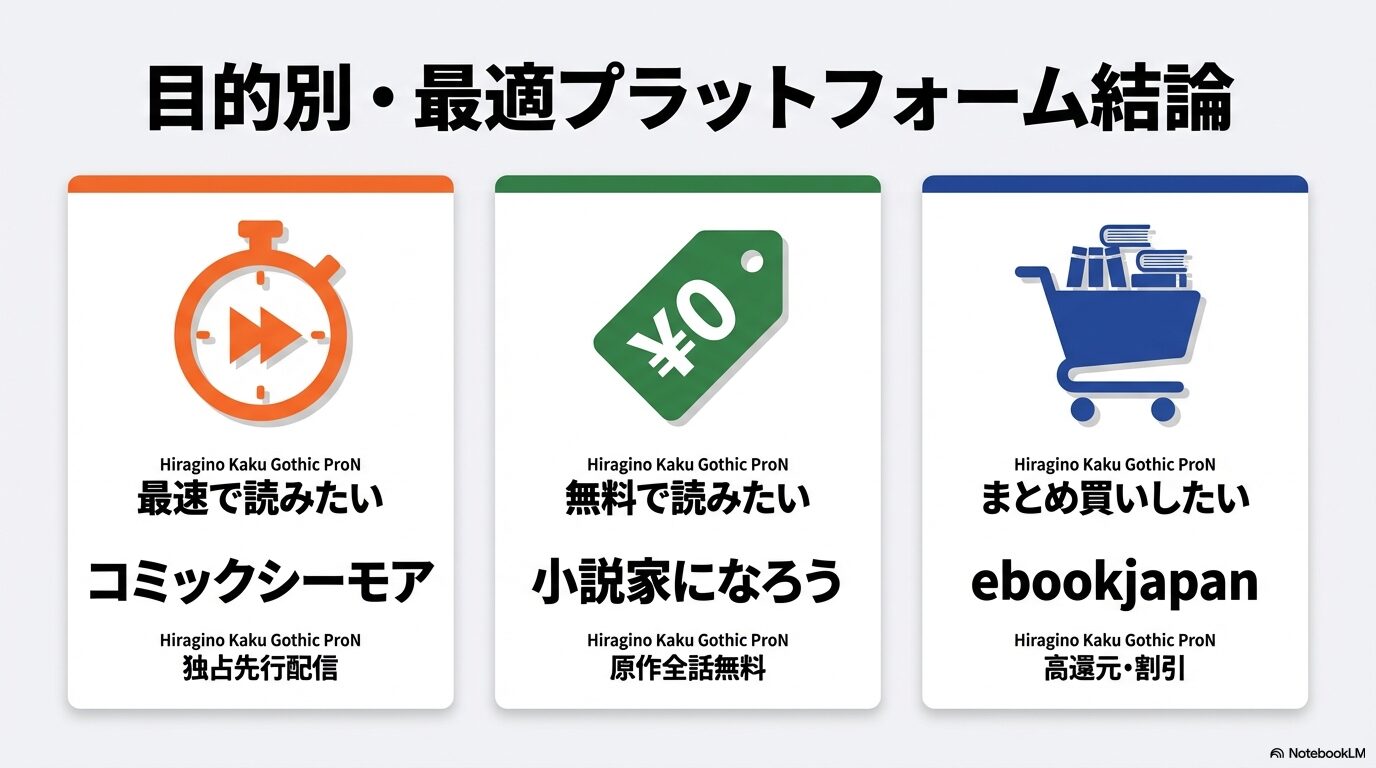 目的別の最適プラットフォーム図解。「最速で読みたい」はコミックシーモア、「無料で読みたい」は小説家になろう、「まとめ買い」はebookjapanを紹介。