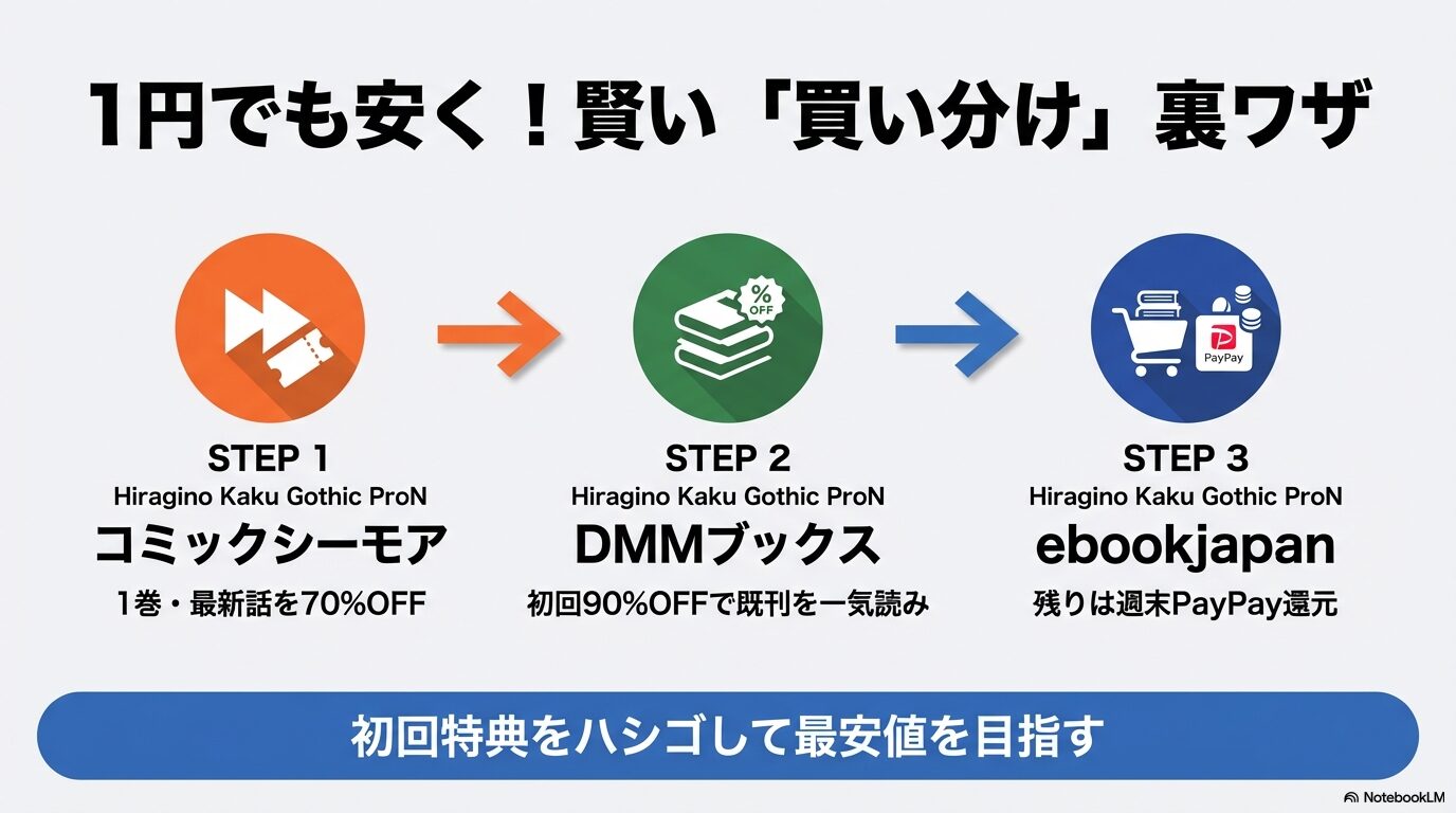 初回特典をハシゴして最安値で買う3ステップ。シーモアで1巻、DMMで既刊まとめ買い、ebookjapanで残りをPayPay還元で買う手順。