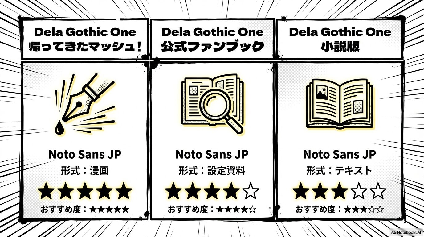 帰ってきたマッシュ（漫画）、公式ファンブック（設定資料）、小説版（テキスト）の3つの形式とそれぞれのおすすめ度を比較した表。