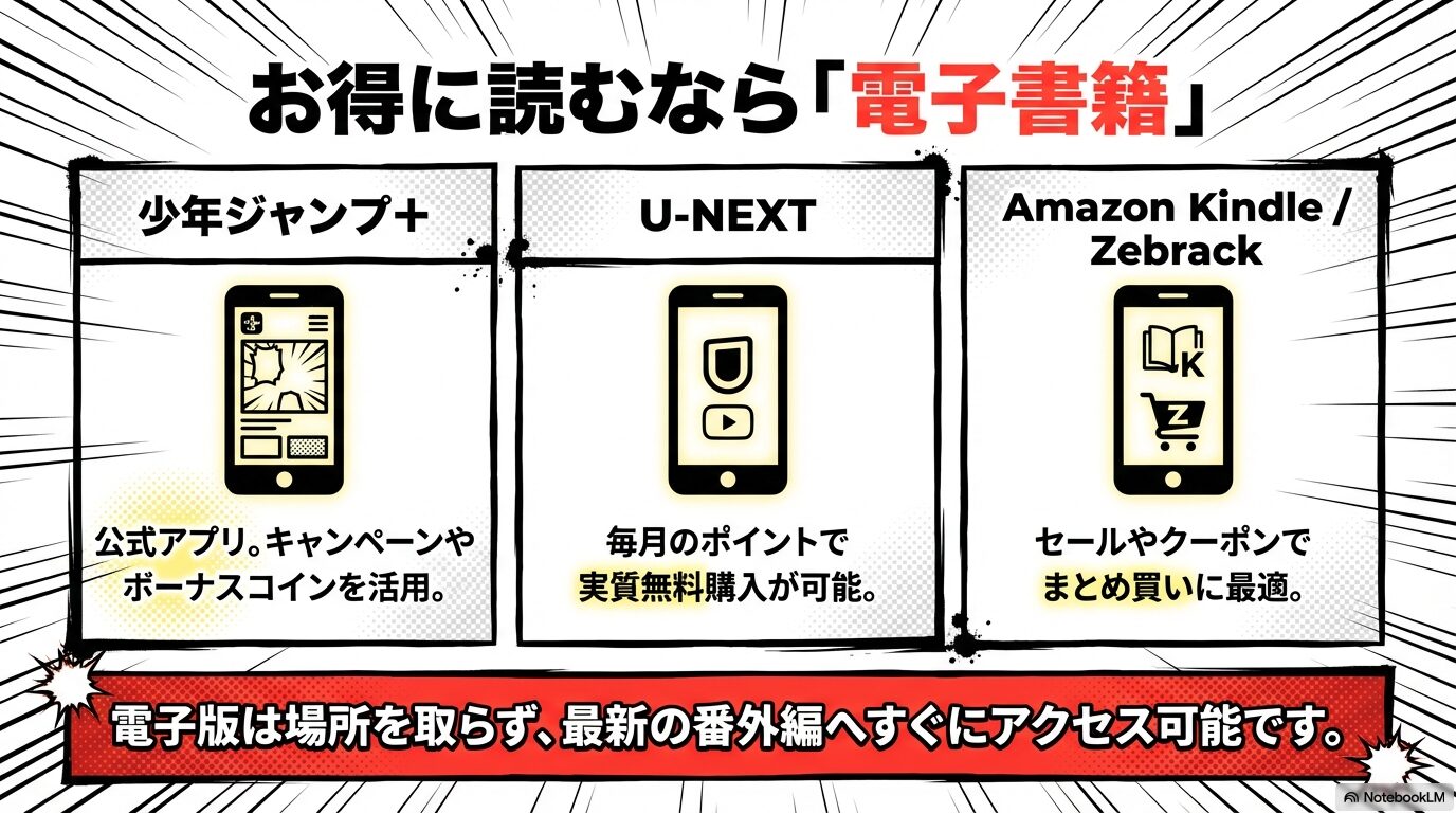 少年ジャンプ＋、U-NEXT、Amazon Kindle、Zebrackなどの各電子書籍サービスの特徴とポイント活用術の比較スライド。