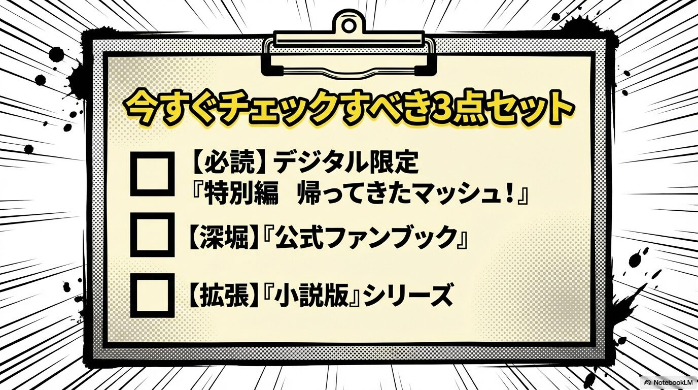 今すぐチェックすべきデジタル限定特別編、公式ファンブック、小説版シリーズの3つのアイテムをまとめたチェックリスト。