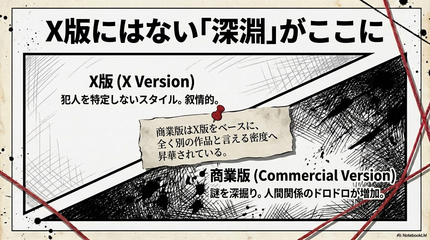 犯人を特定しない叙情的なX版と、謎やドロドロとした人間関係を深掘りした商業版の違いを解説するスライド