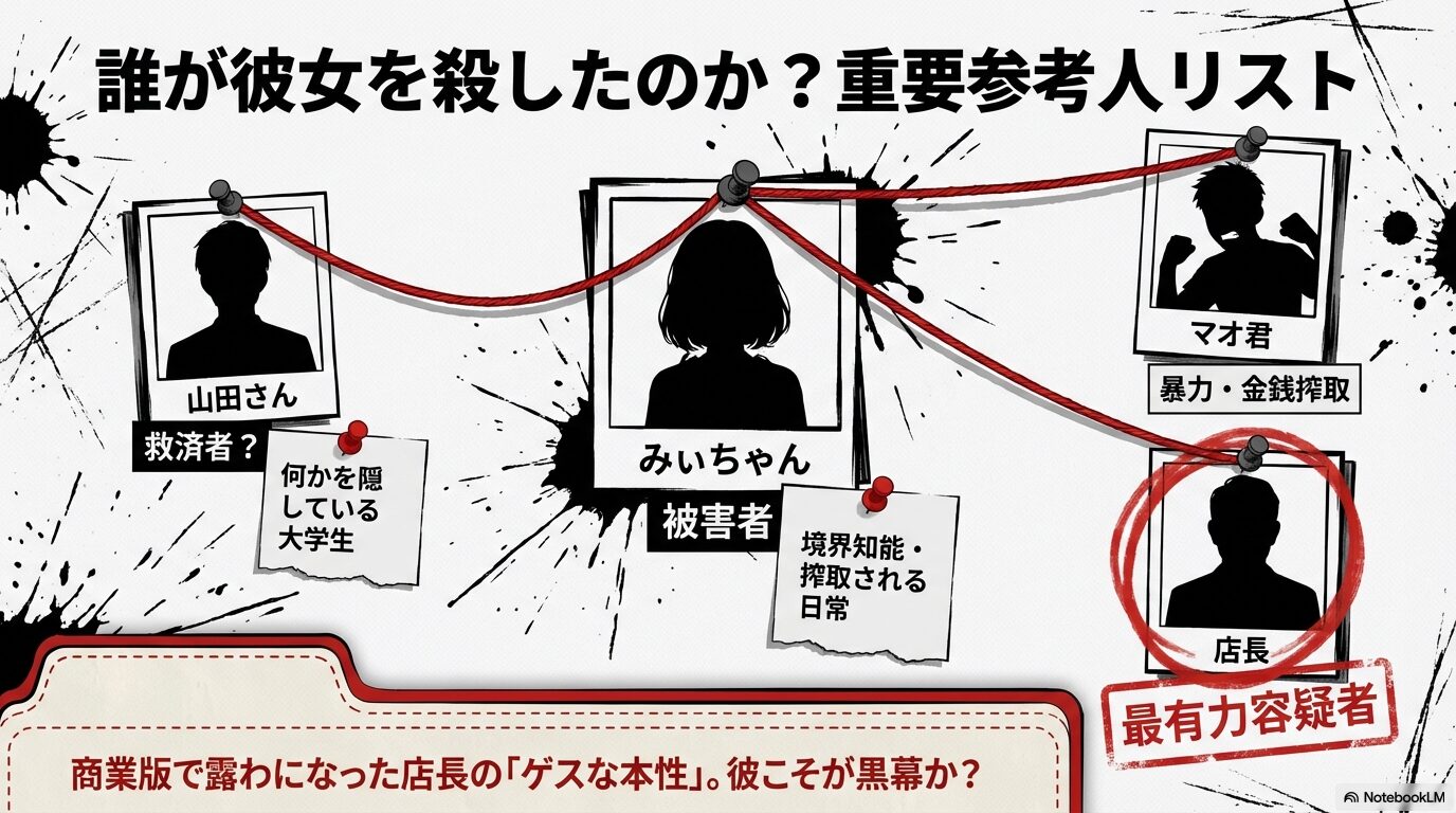 山田さん、みいちゃん、マオ君、そして最有力容疑者とされる店長のシルエットを並べた重要参考人リスト