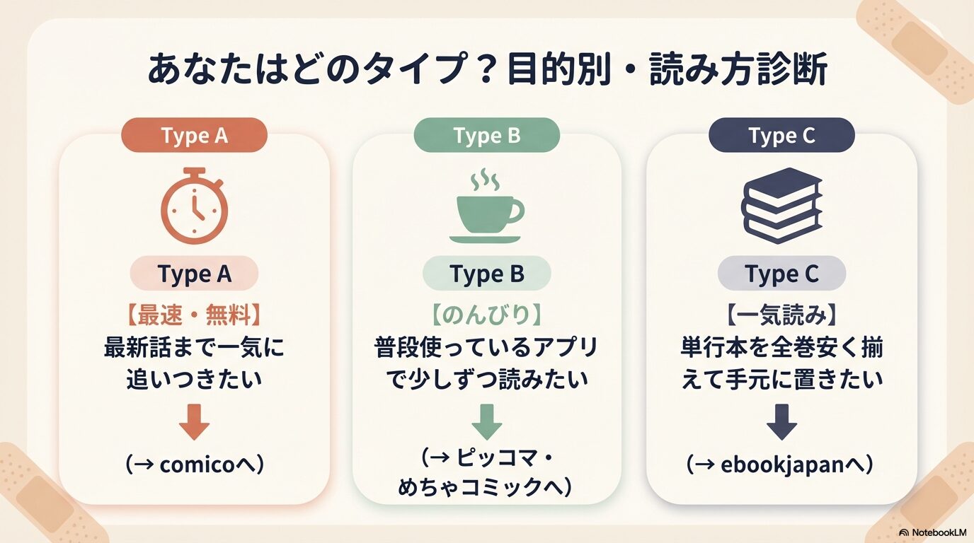 最速無料、のんびり併読、一気読みの3タイプに分けたおすすめ配信サービス診断チャート。