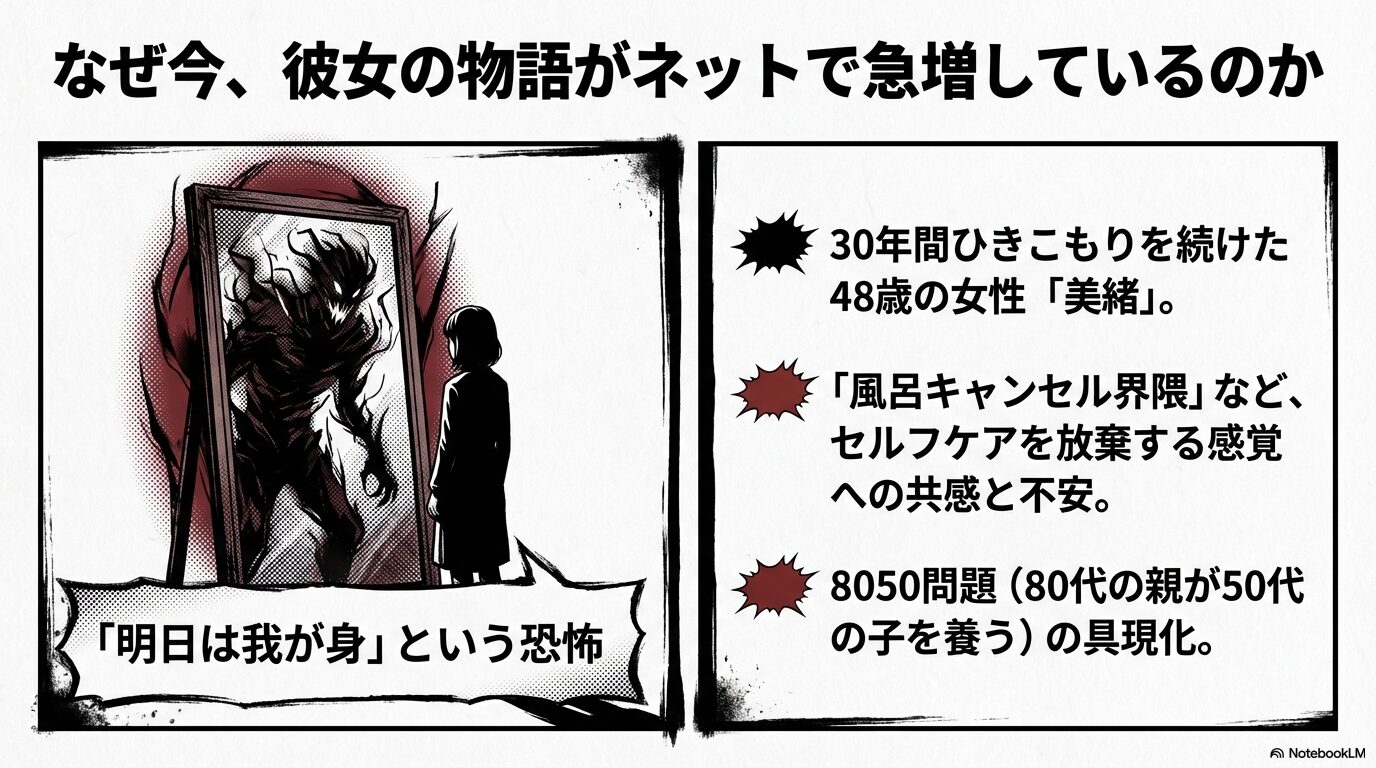 30年ひきこもりを続けた48歳の女性・美緒と、8050問題やセルフケア放棄への共感を描いたスライド