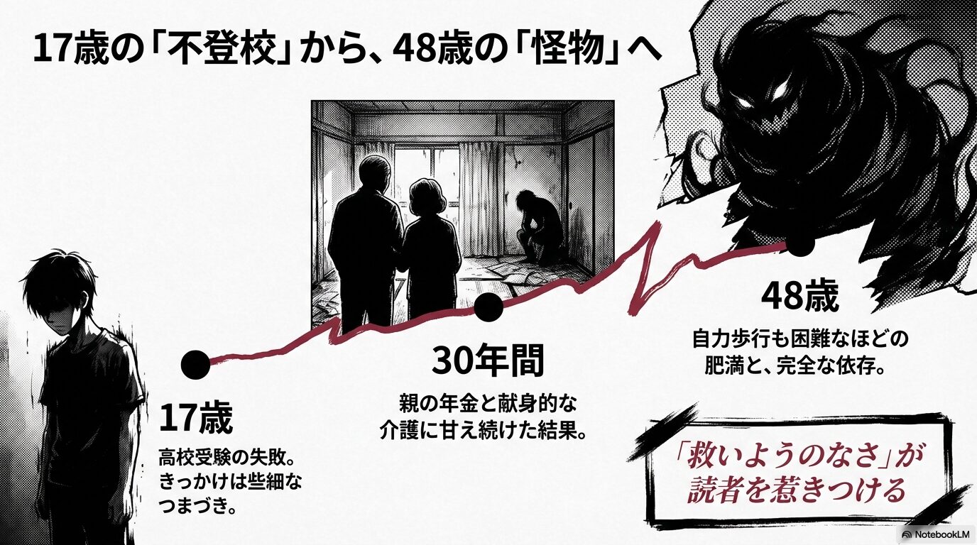 高校受験の失敗から30年間のひきこもりを経て、親に完全依存する48歳になった美緒の姿を描いた図解