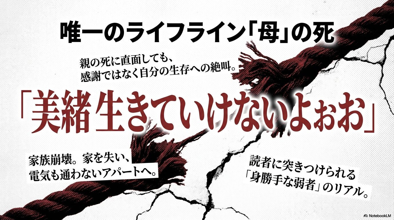 唯一の支えだった母の死に直面し絶叫する美緒と、その後の家族崩壊、アパート移送を説明するスライド
