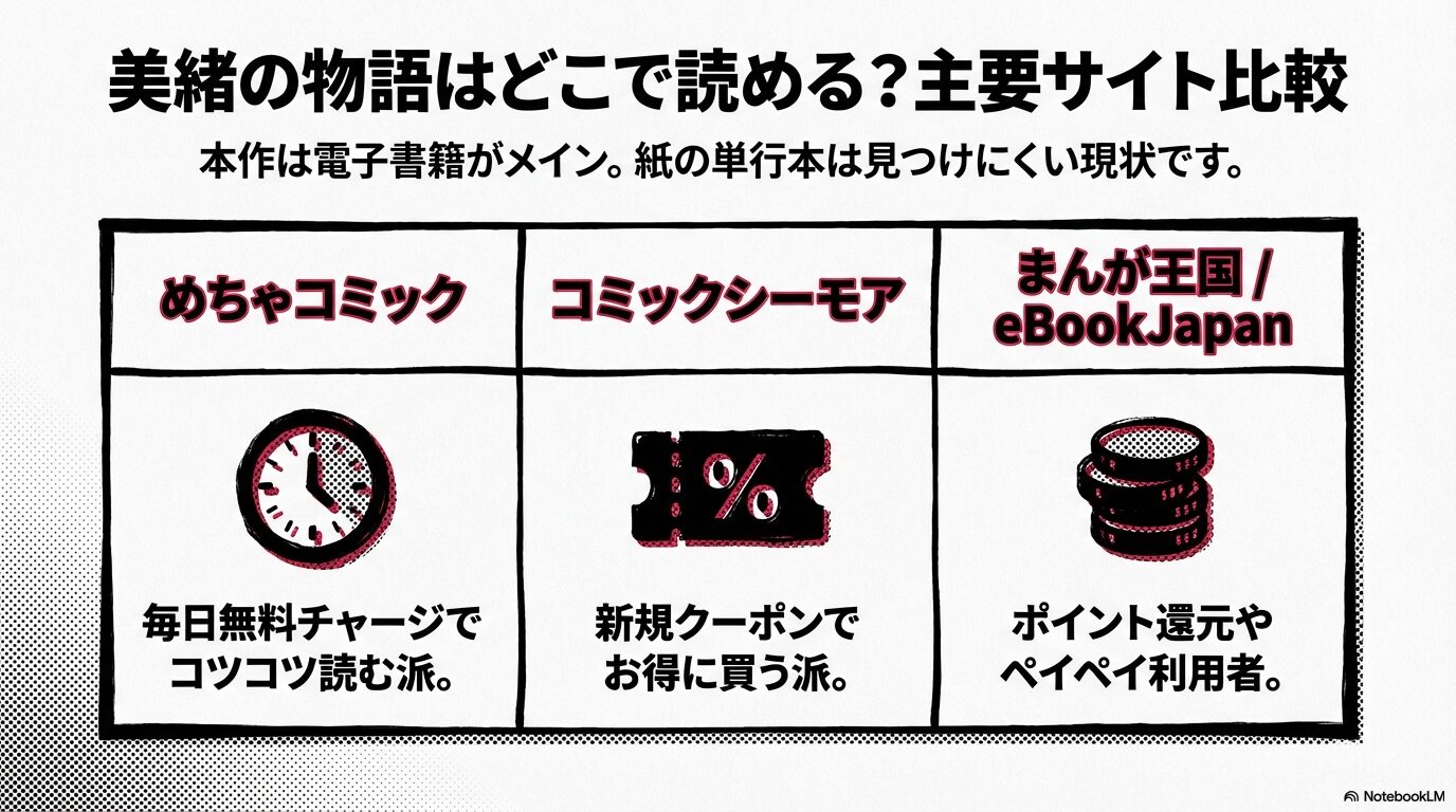 めちゃコミック、コミックシーモア、まんが王国、eBookJapanの各サイトの特徴を比較した図解スライド