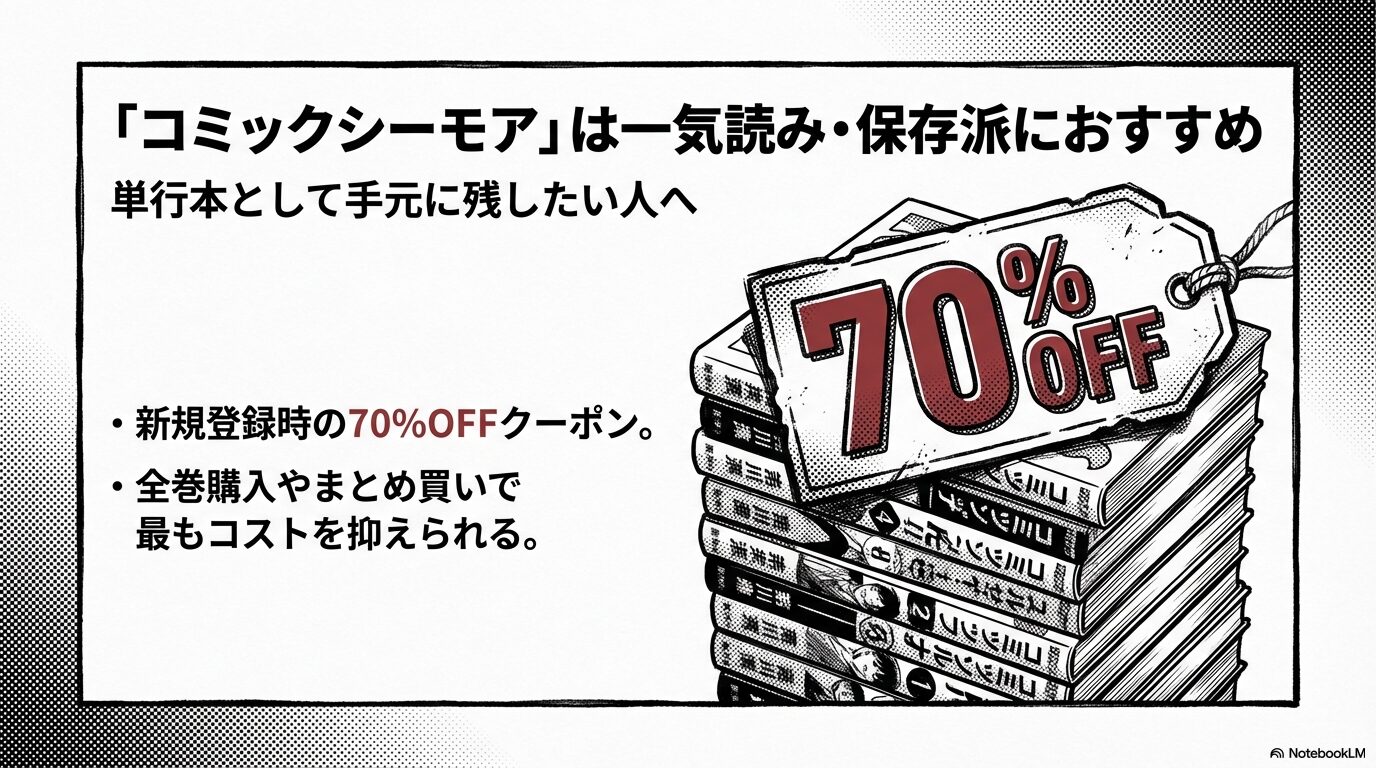 新規登録70%OFFクーポンを利用して単行本版をお得に購入できることを紹介するスライド