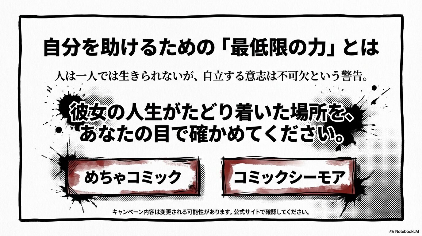 自立する意志の重要性を説く警告メッセージと、めちゃコミック・コミックシーモアでの閲覧案内スライド