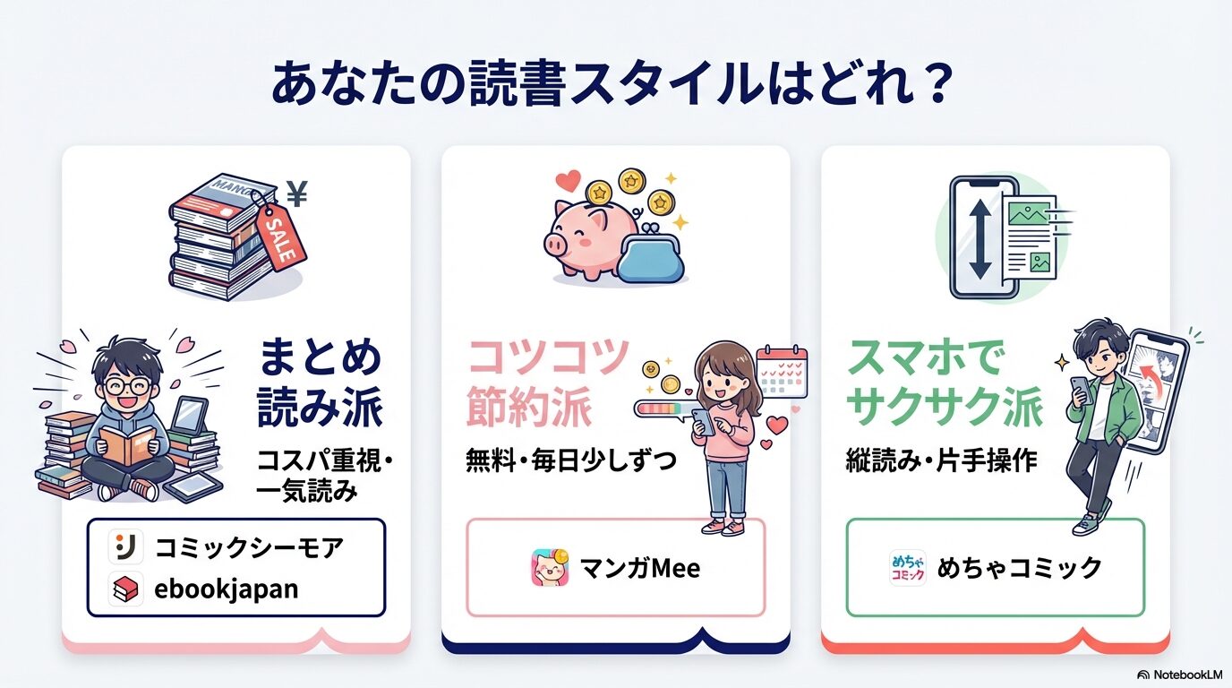 読者のスタイル（一気読み、節約派、スマホ派）に合わせたおすすめ配信サイト（コミックシーモア、マンガMee、めちゃコミック）の比較まとめスライド