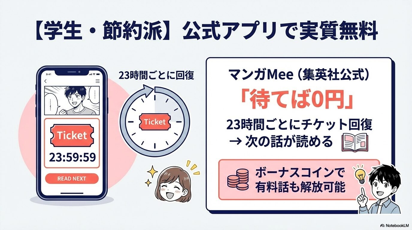 集英社公式アプリ「マンガMee」の23時間チケット回復による無料購読とボーナスコインの仕組みを説明したスライド