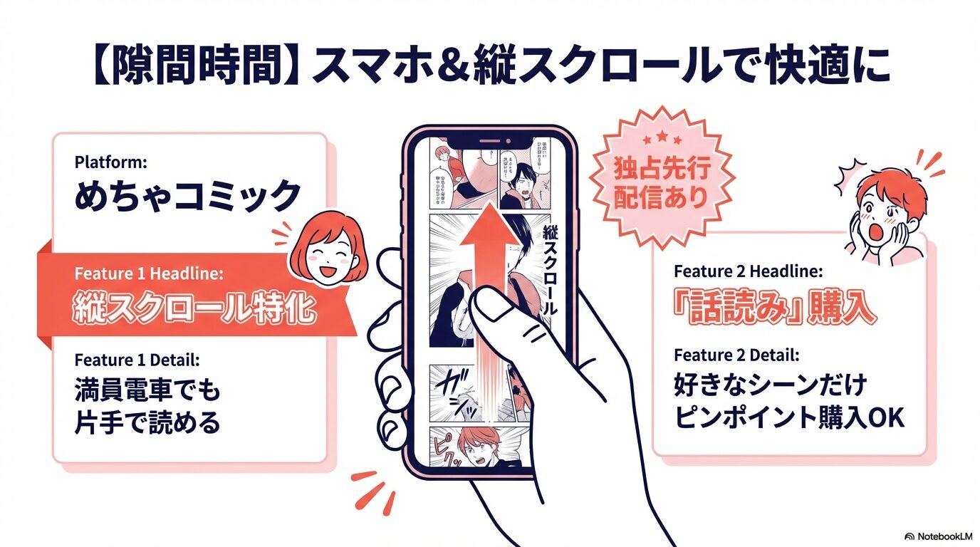 めちゃコミックの縦スクロール機能と好きなシーンをピンポイントで購入できる「話読み」のメリットを紹介するスライド