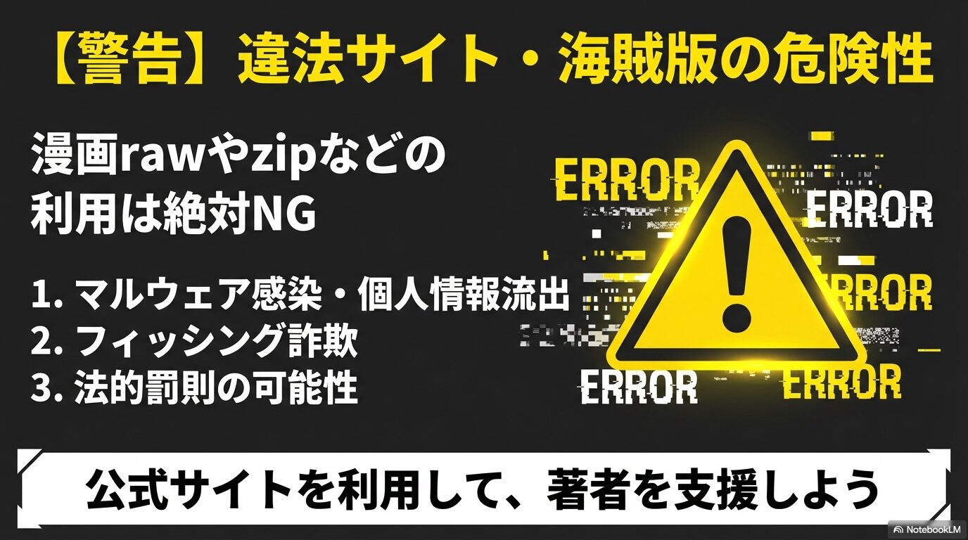 漫画rawやzipなどの海賊版サイト利用に伴うマルウェア感染、詐欺、法的罰則のリスクを警告するスライド