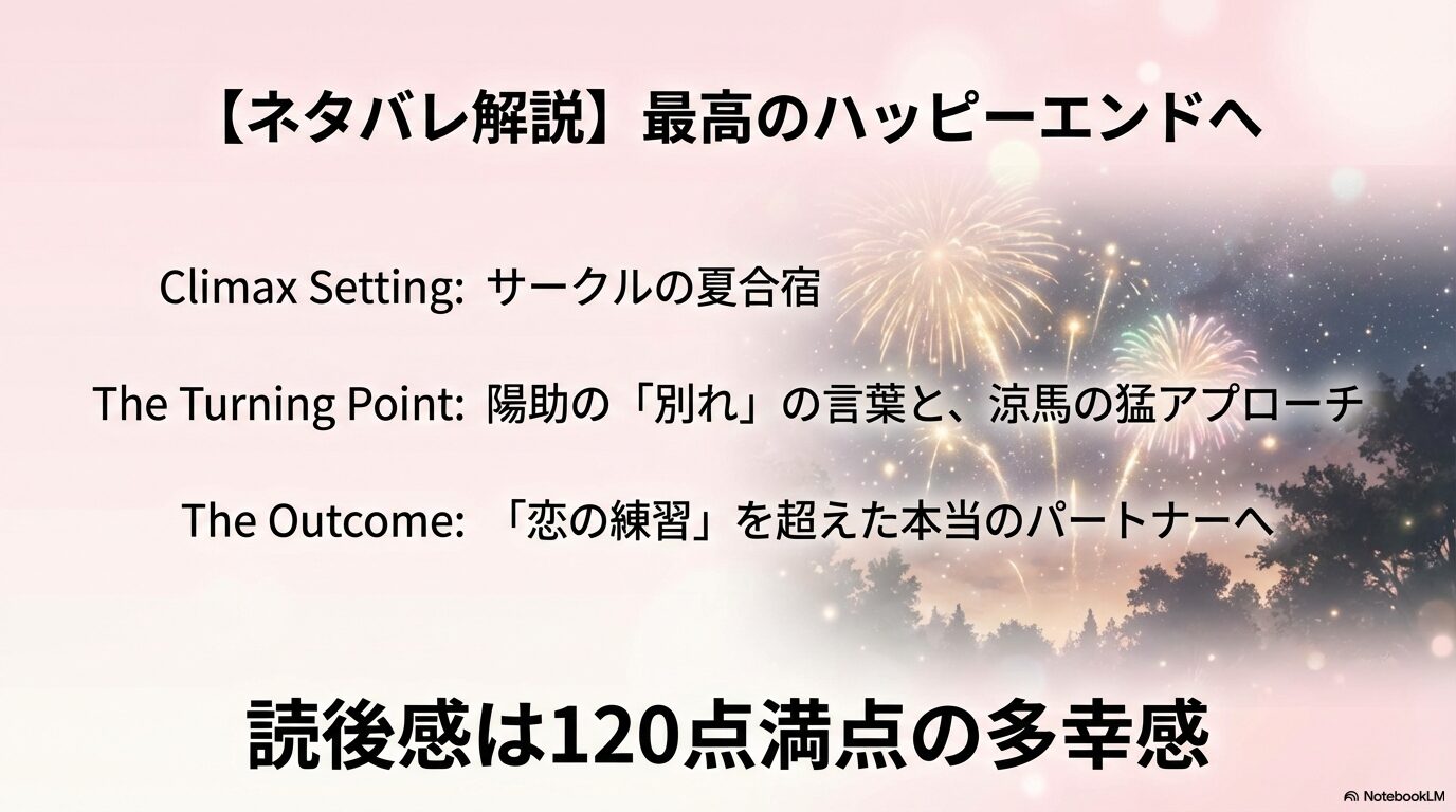 夏合宿での告白からハッピーエンドへ至る『ムカつくアイツに恋を教える』最終回のストーリー解説スライド