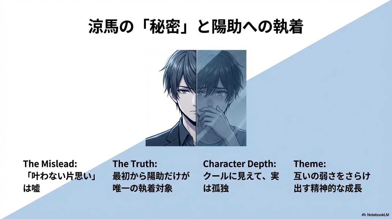 涼馬の陽助に対する執着の真実と、互いの弱さをさらけ出して成長する物語のテーマを解説したスライド
