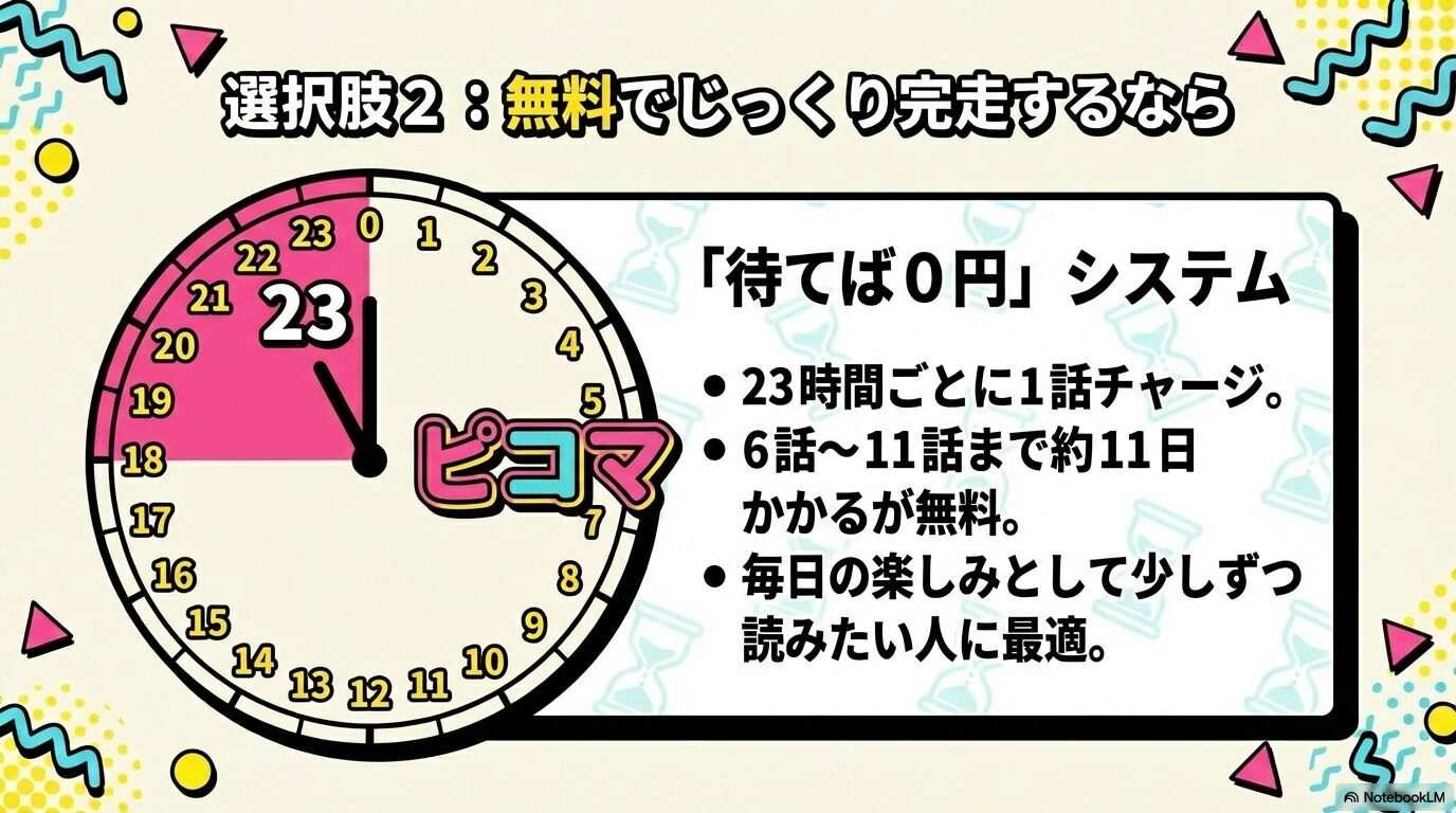 ピッコマの「待てば0円」を利用して23時間ごとに1話チャージし、無料で全話を読み進める方法の解説