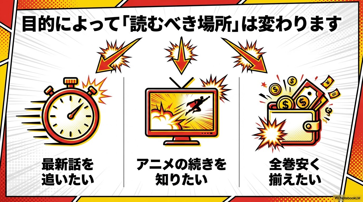 ワンパンマン村田版を「最新話を追いたい」「アニメの続きを知りたい」「全巻安く揃えたい」といった目的別にどこで読むべきかをまとめたガイド図。