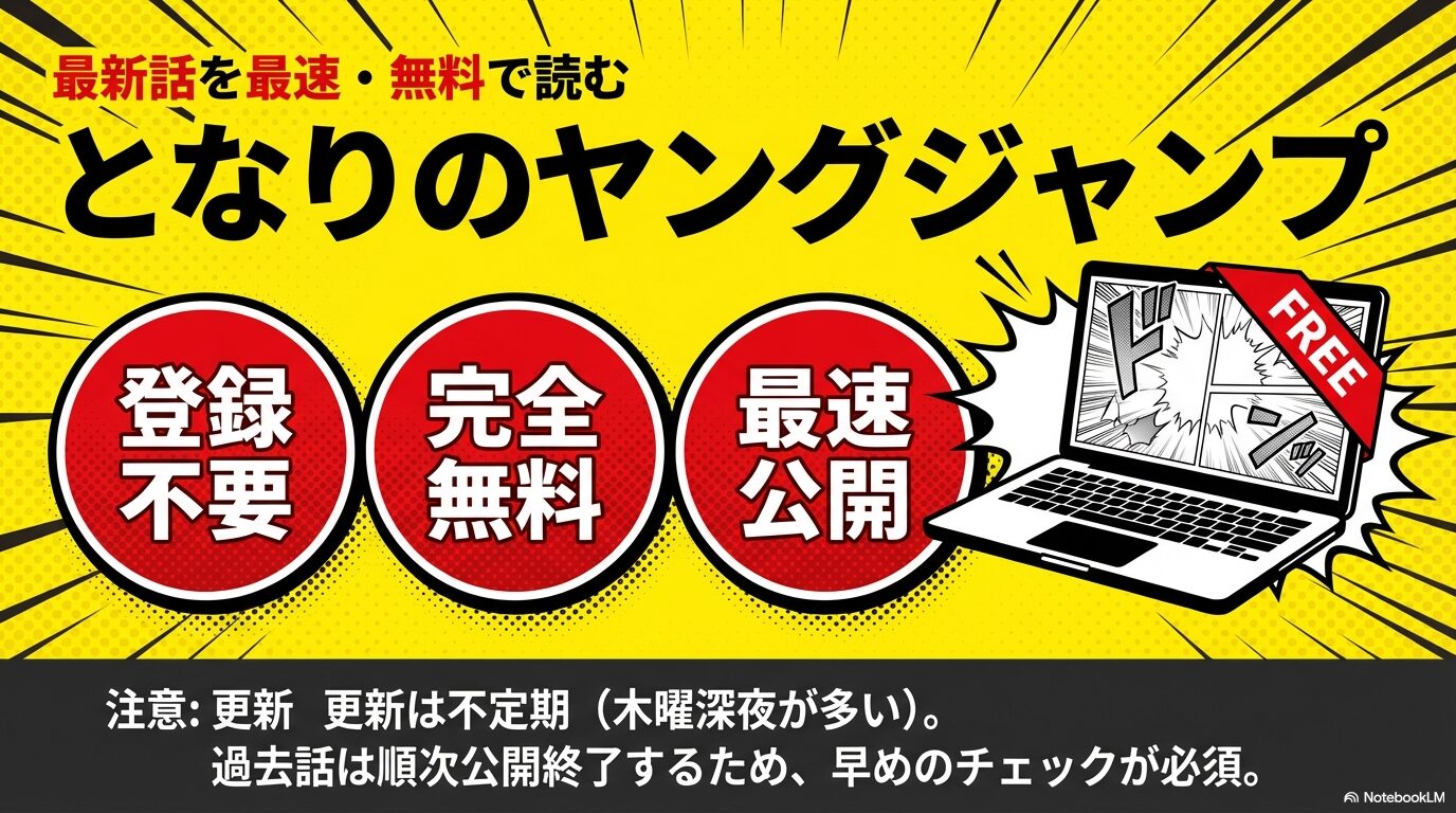 公式サイト「となりのヤングジャンプ」の紹介。登録不要・完全最速で無料公開されていることや、更新は不定期であることの注意書き。