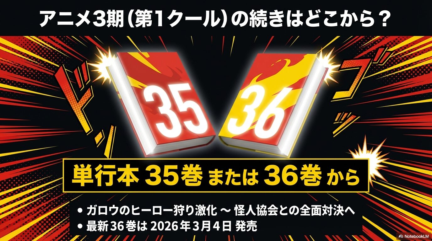 アニメ3期第1クールの続きは単行本35巻または36巻から読めることを示す案内。最新36巻の発売日情報も含む。