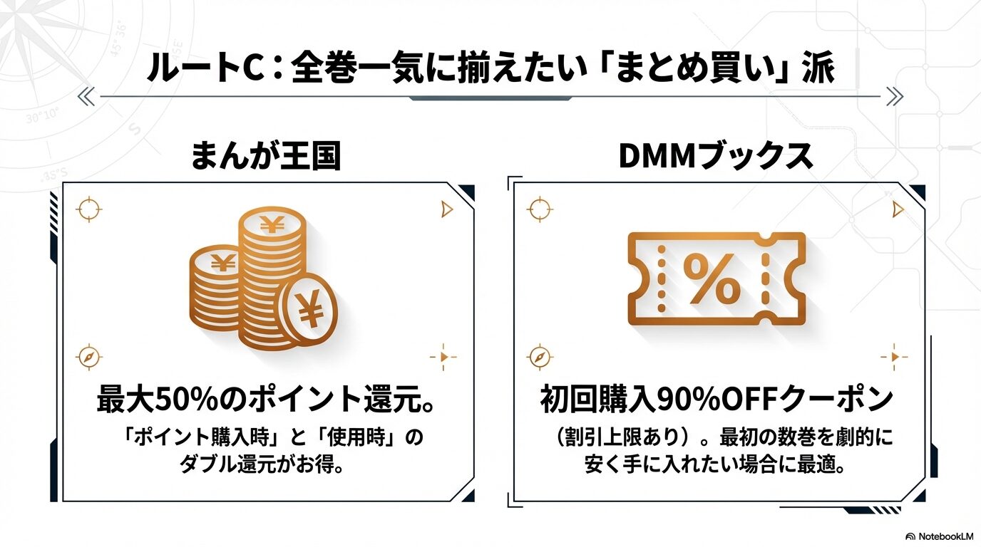 まんが王国のポイント還元とDMMブックスの90%OFFクーポンを比較したまとめ買い戦略