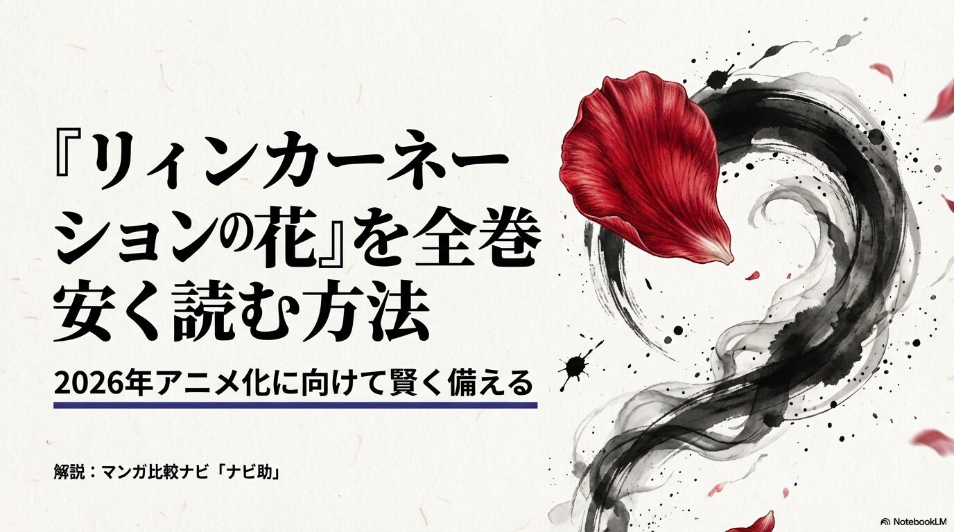 マンガ「リィンカーネーションの花弁」を全巻安く読む方法と、2026年アニメ化に向けた備えを解説するナビ助のスライド。