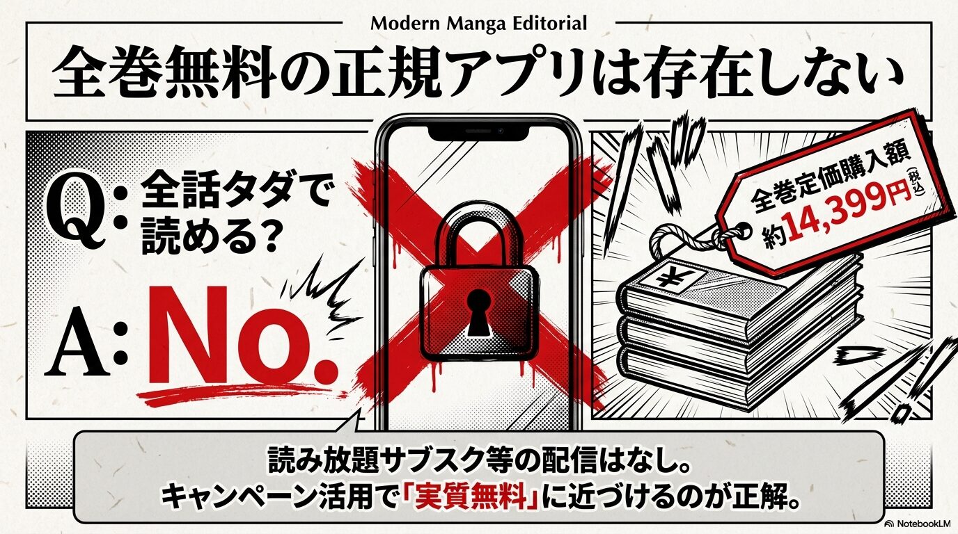 「全巻無料の正規アプリは存在しない」という結論と、全巻定価購入額が約14,399円であることを示すQ&A形式のスライド。