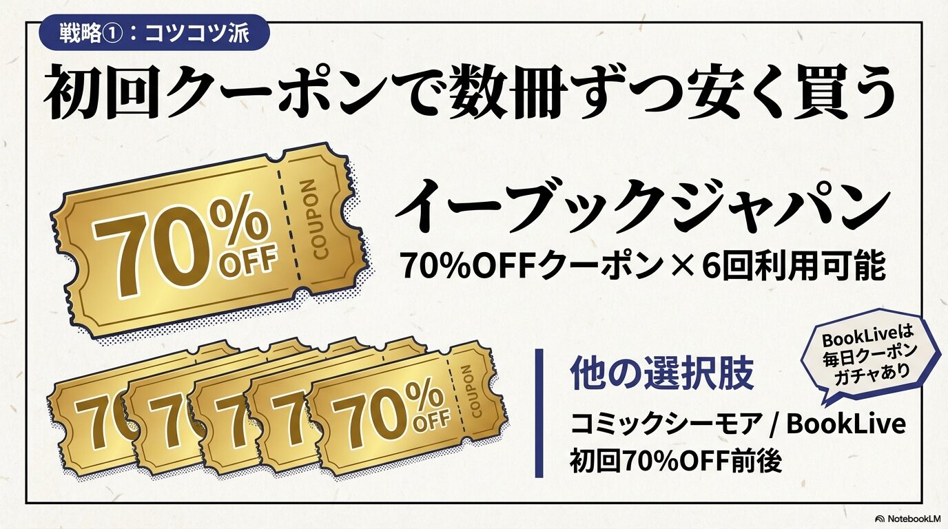 コツコツ派の戦略として、ebookjapanの70%OFFクーポンを6回利用して数冊ずつ安く買う方法を紹介するスライド。
