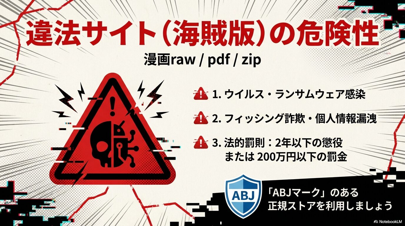 ウイルス感染やフィッシング詐欺の危険、および「2年以下の懲役または200万円以下の罰金」という法的罰則を警告するスライド。