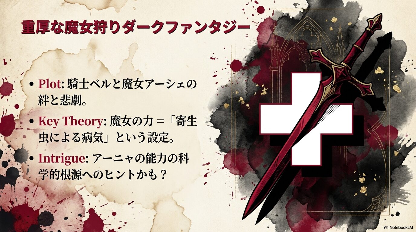 『煉獄のアーシェ』のあらすじと、魔女の力の正体が寄生虫であるという設定がアーニャの超能力の根源に関わっている可能性を考察するスライド
+2