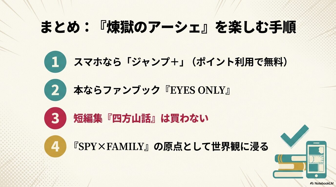 煉獄のアーシェを楽しむための手順(スマホならジャンプ+、本ならファンブック、短編集は避ける)をまとめた最終確認用スライド