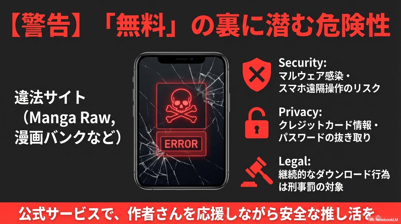 違法サイト利用によるマルウェア感染や個人情報流出、刑事罰のリスクを警告するERROR画面のイラスト。