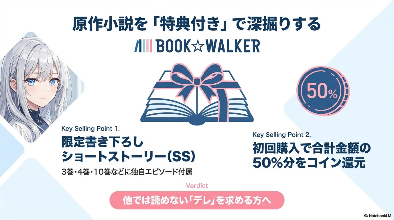 BOOK WALKER限定の書き下ろしSS特典と、初回購入50%コイン還元のメリットを解説したスライド。