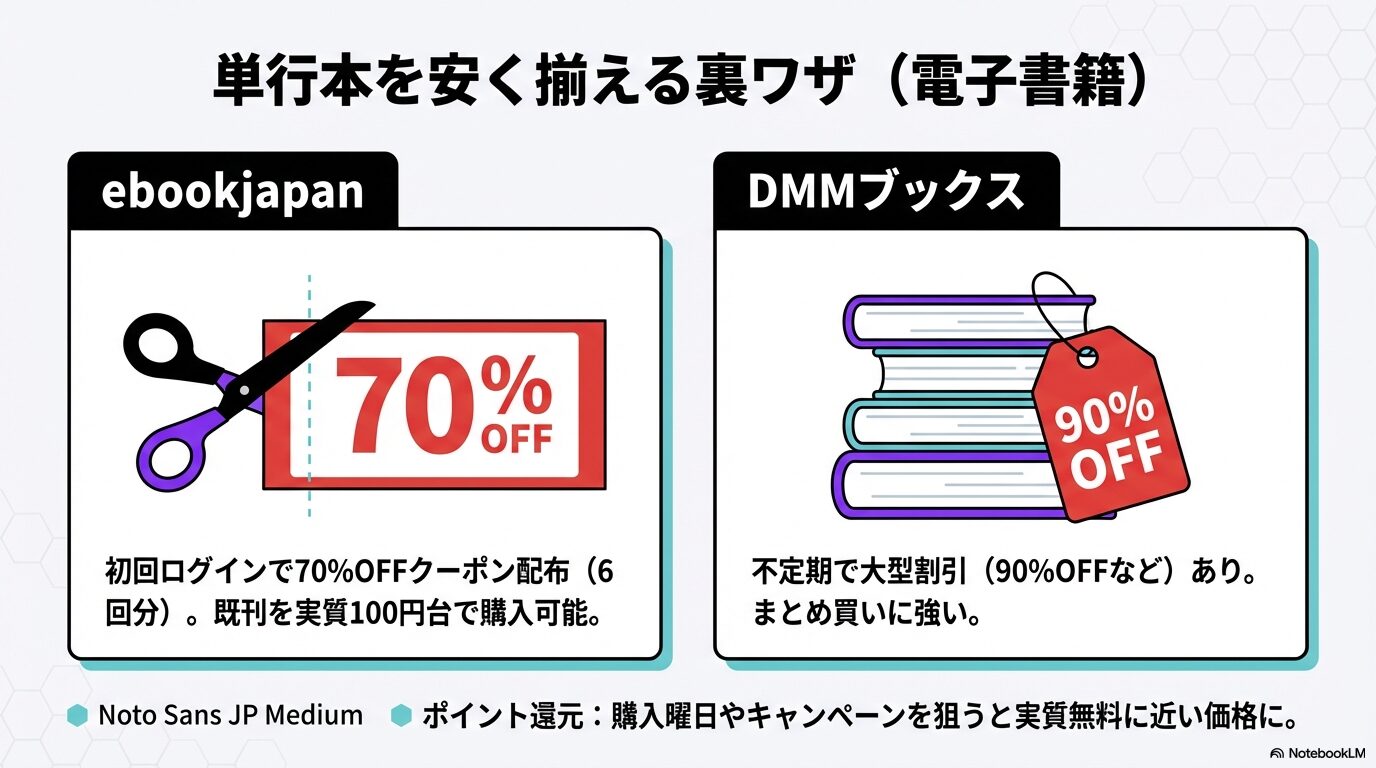 ebookjapanの70%OFFクーポンとDMMブックスの大型割引キャンペーン比較スライド