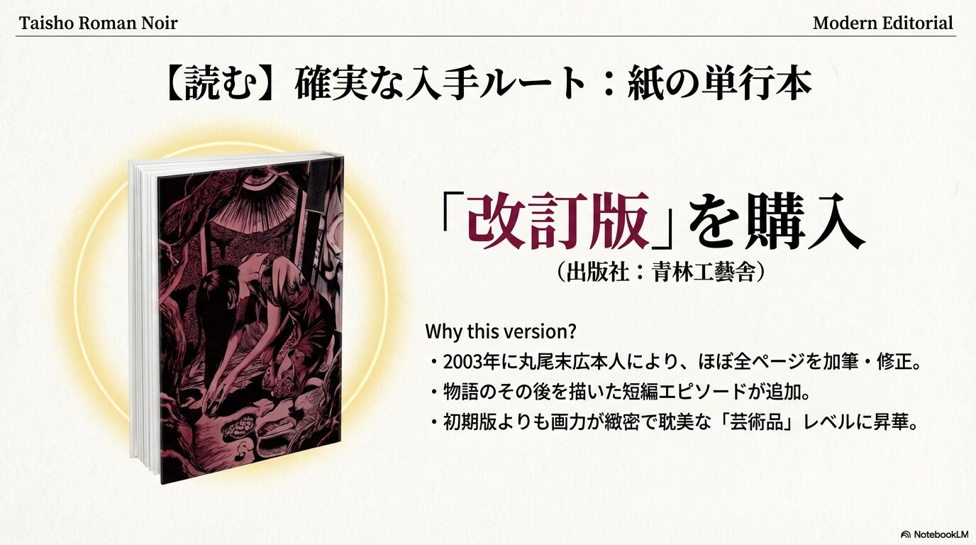 女椿の単行本の書影。2003年の大幅な加筆修正や短編エピソードの追加、画力の向上など改訂版のメリットを解説。