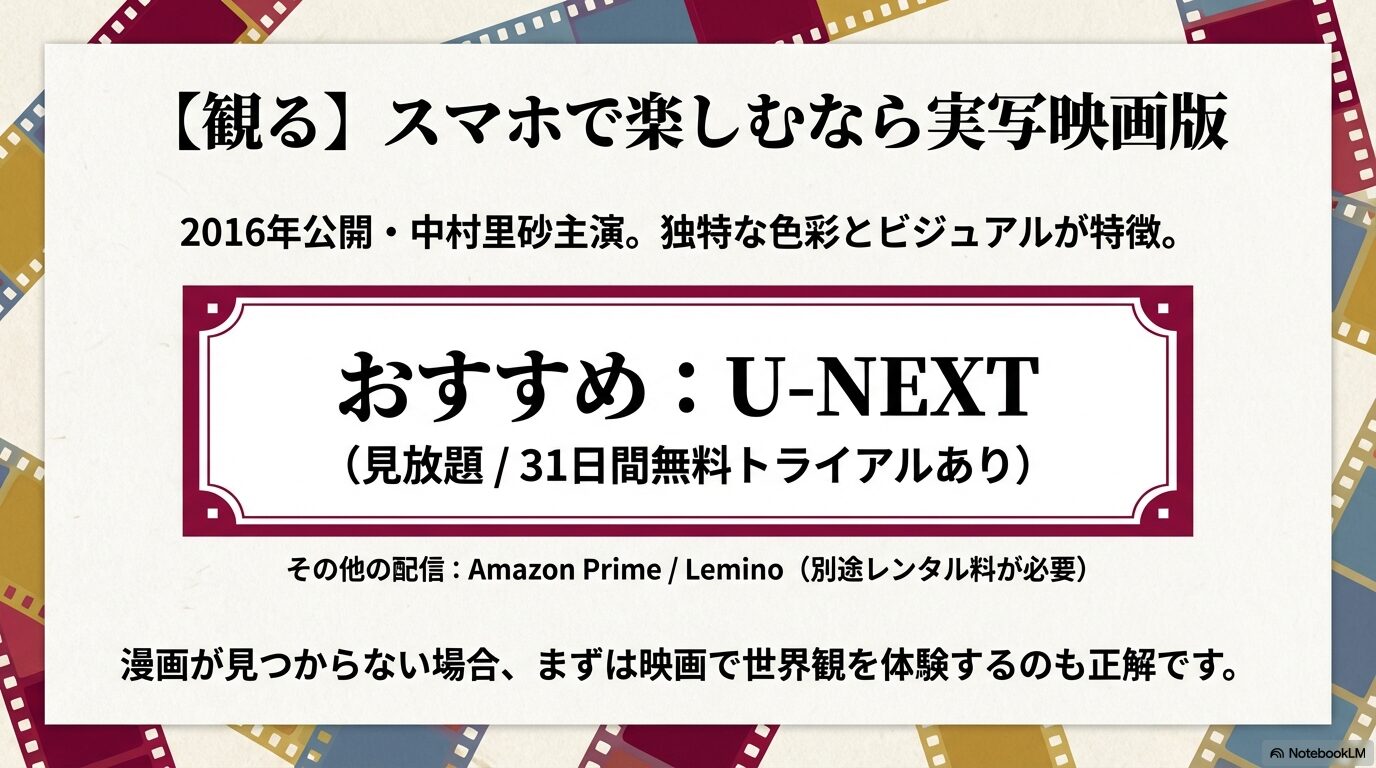2016年公開の実写映画版の案内。U-NEXTの見放題配信や無料トライアルの利用を推奨する画像。