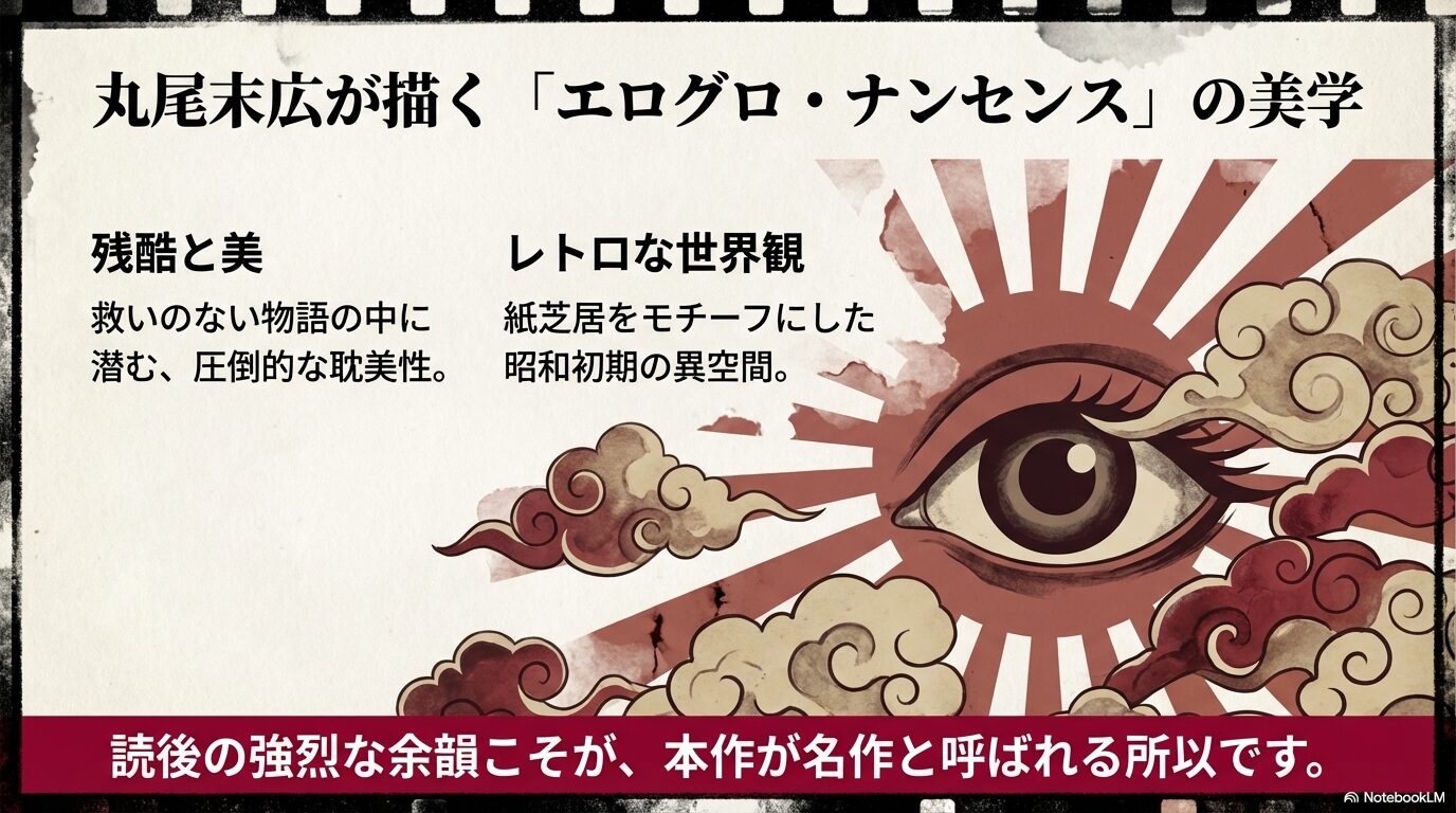 残酷と美、レトロな世界観、耽美性など、少女椿が名作と呼ばれる所以であるエログロ・ナンセンスの美学を解説。