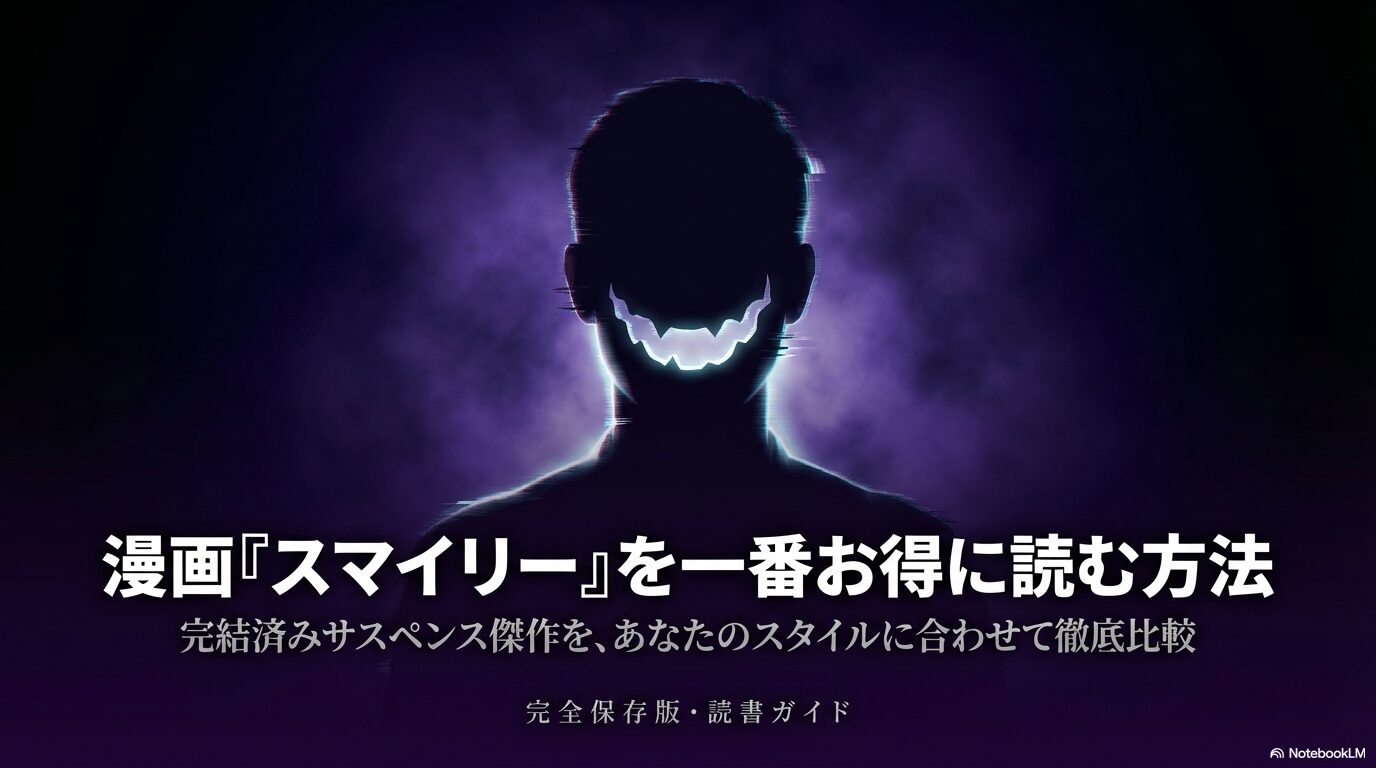漫画スマイリーの魅力である宗教二世というテーマや全11巻完結済みであることを解説するスライド