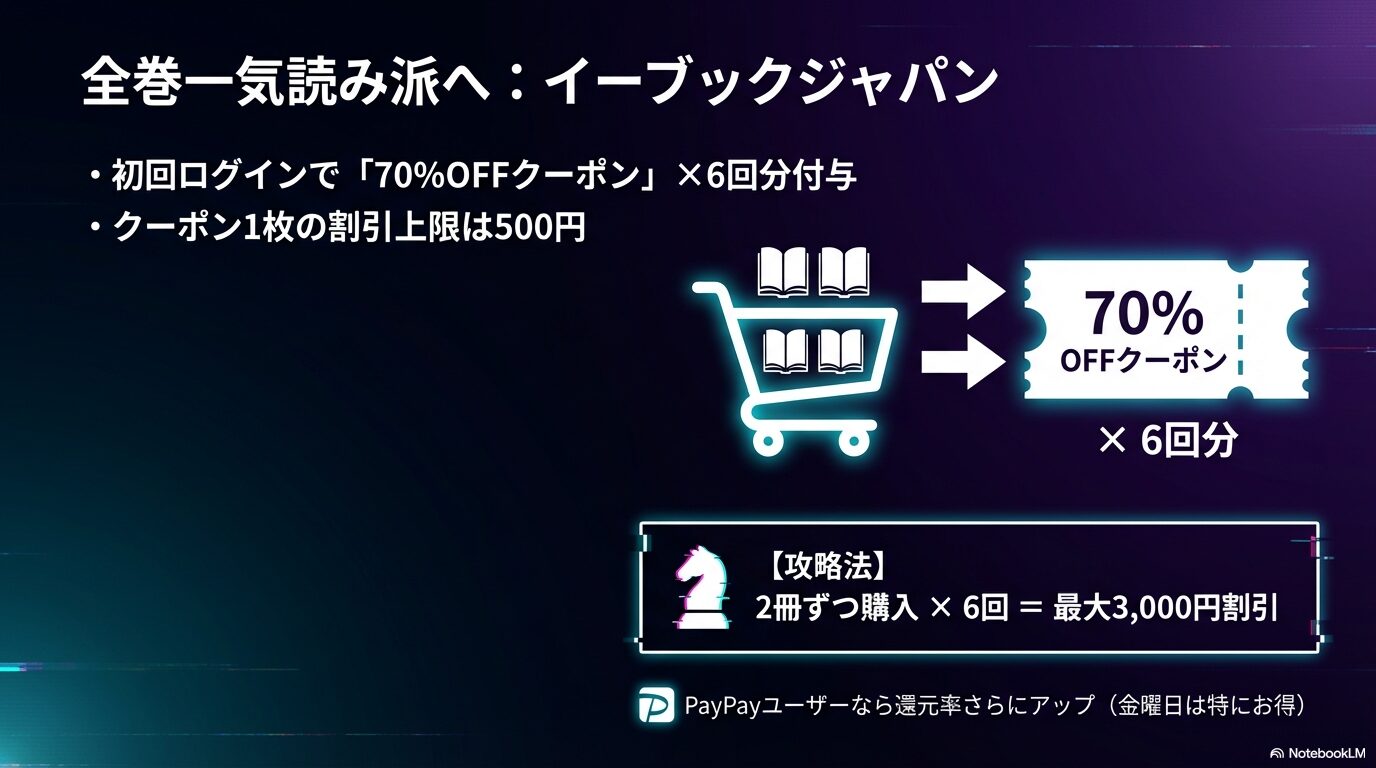 eBookJapanの70%OFFクーポン6回分を活用して最大3,000円割引でスマイリーを購入する方法を解説するスライド