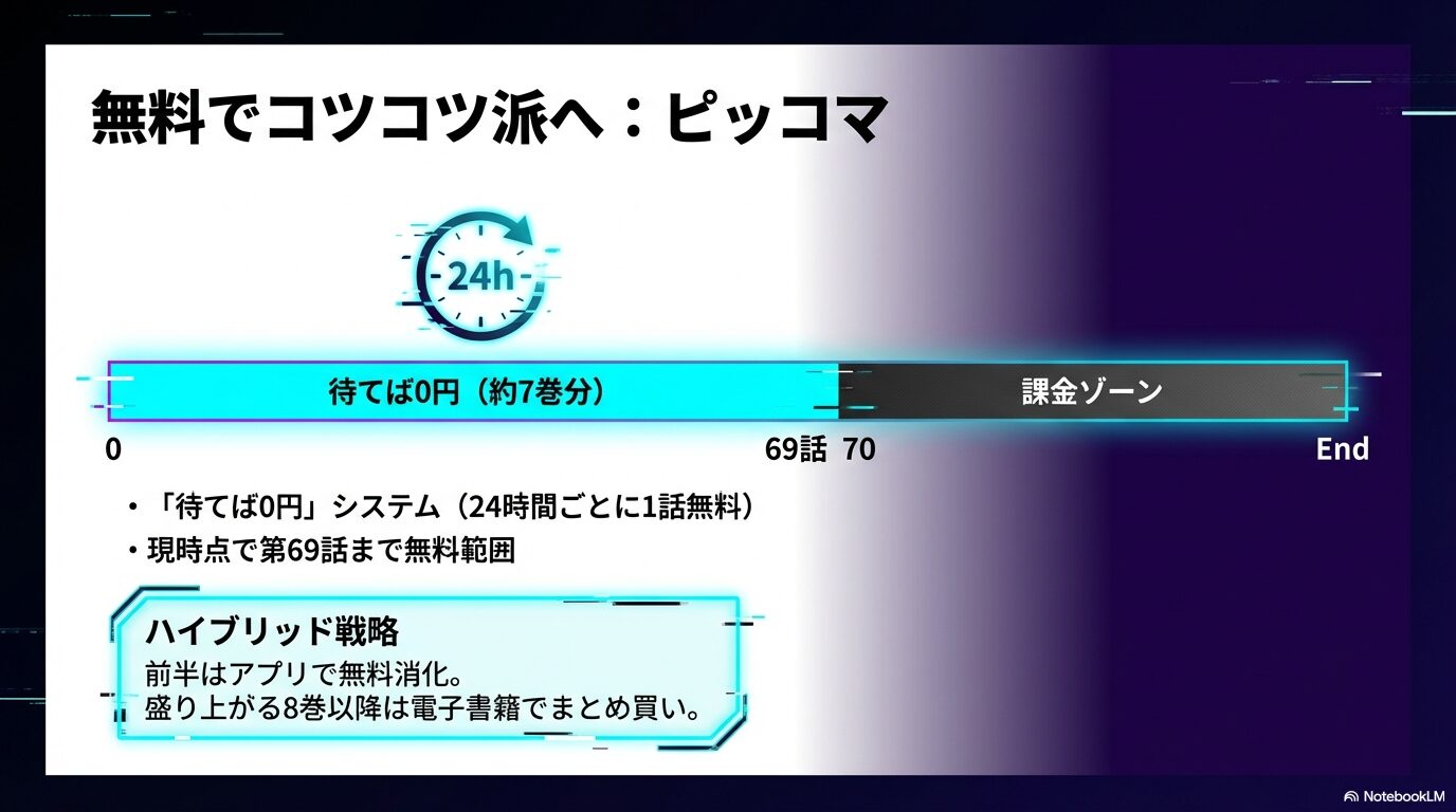 ピッコマの待てば0円システムで第69話まで無料で読み、盛り上がる8巻以降を電子書籍で購入する戦略を解説するスライド
