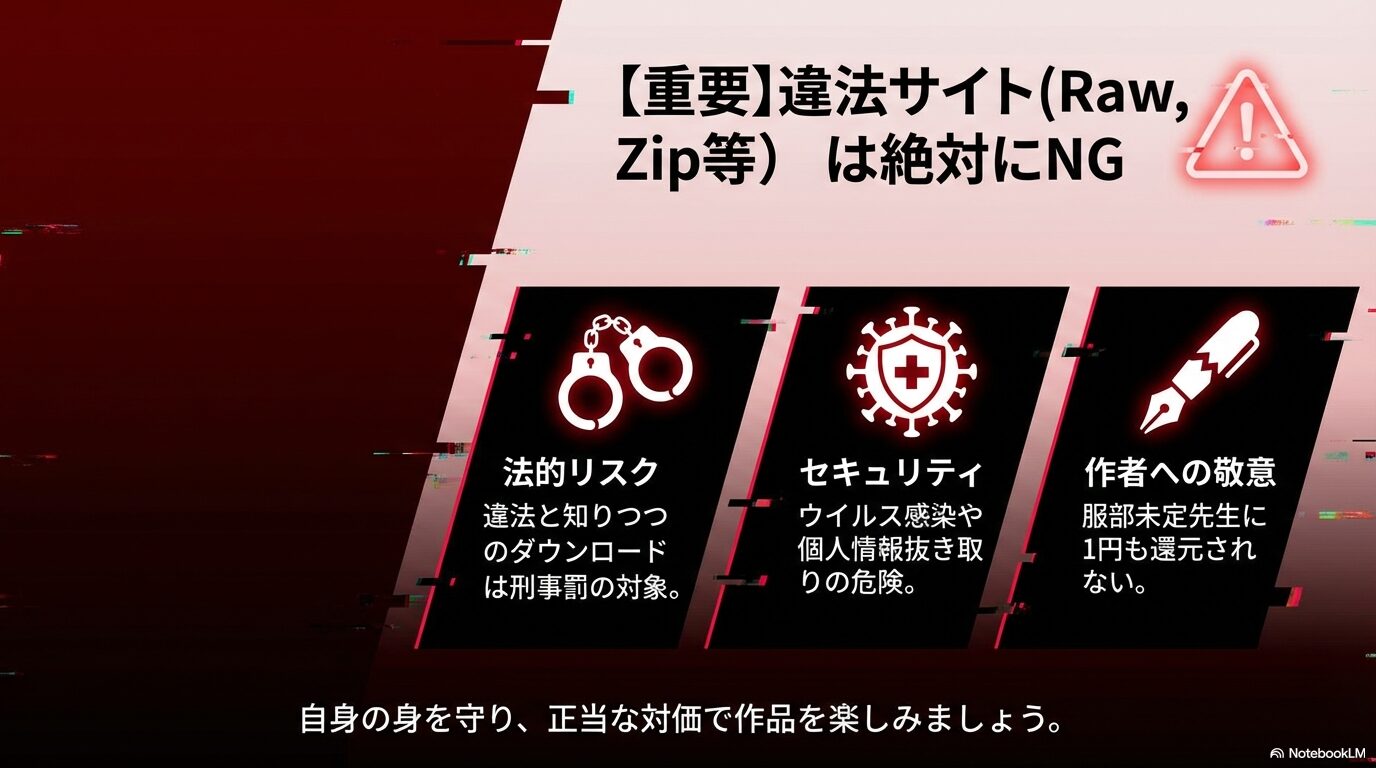 違法サイトのダウンロードによる法的リスク、ウイルス感染などのセキュリティリスク、作者への敬意について警告するスライド