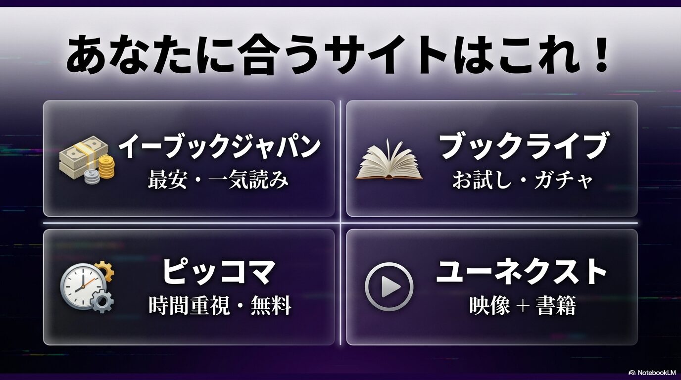 eBookJapan、ブックライブ、ピッコマ、U-NEXTの中からユーザーの読書スタイルに合う推奨サイトをまとめたスライド