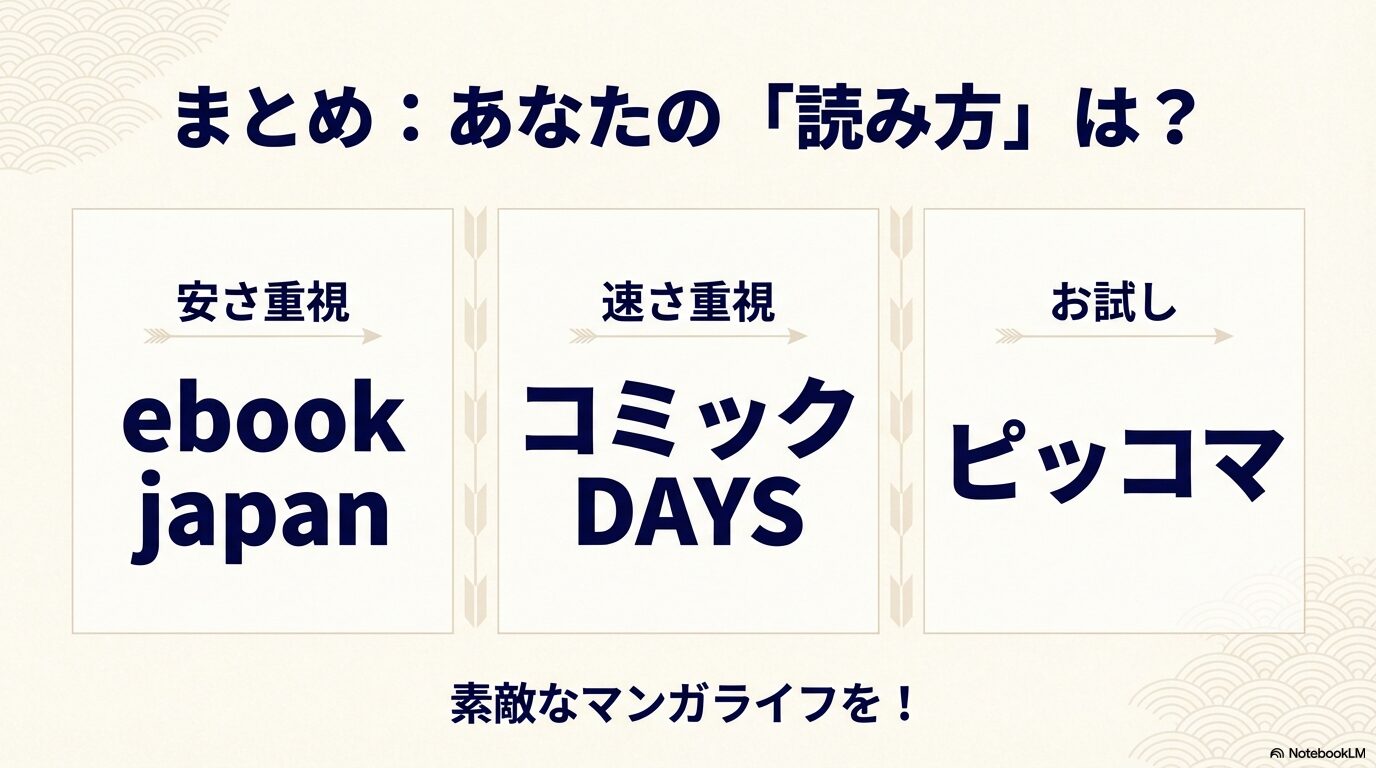 まとめスライド。安さ重視ならebookjapan、速さ重視ならコミックDAYS、お試しならピッコマを推奨。