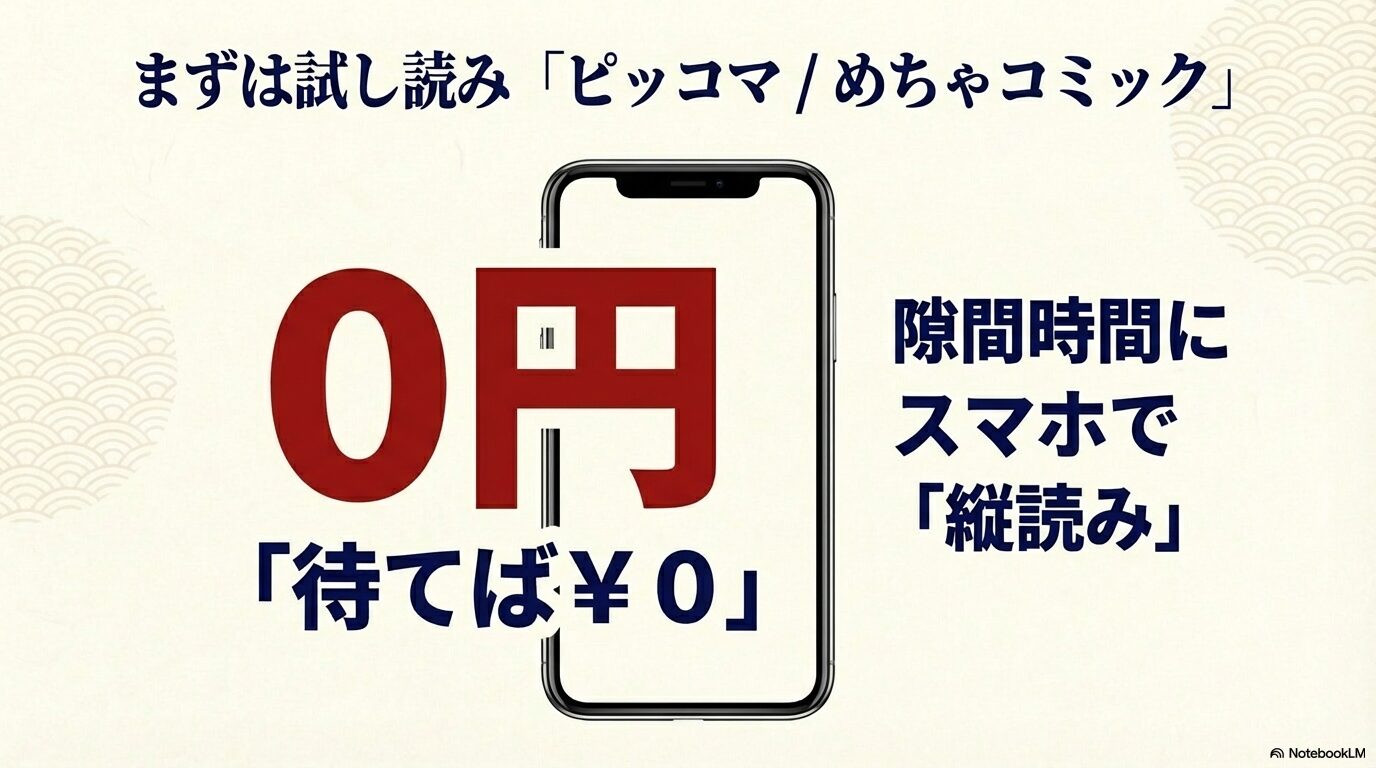 まずは試し読み。ピッコマやめちゃコミックの待てば0円機能や、スマホでの縦読み、隙間時間の読書を提案するスライド。