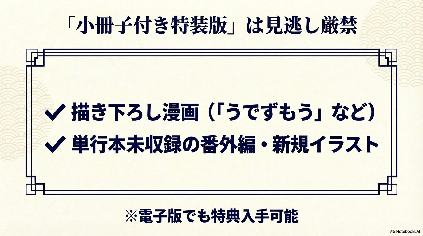 特装版の小冊子内容。描き下ろし漫画「うでずもう」や単行本未収録の番外編、新規イラストが収録されている解説スライド。